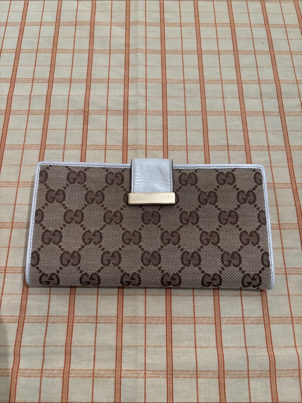 Gucci Beige and Brown Monogram Continental Wallet with Gold Accent
